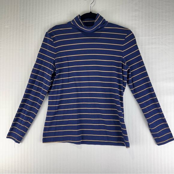 Land’s End Shaped Fit Deep Blue Tan Striped Turtleneck Women Size Medium Petite - Picture 1 of 7